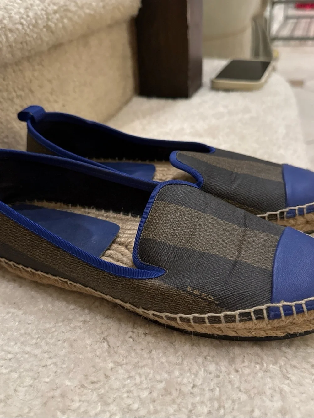 Fendi Brown Peqiun Striped Canvas Blue Leather Cap Toe Espadrilles Flats Shoes 8